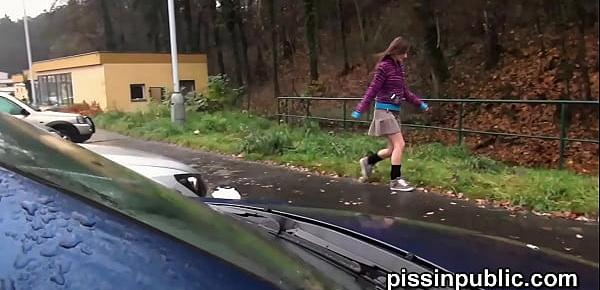  Cute girls expose peeing pussies and take a leak near the forest
